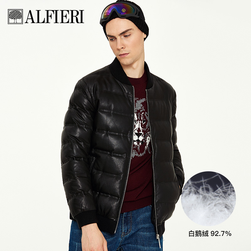 真皮羽绒服皮衣男绵羊皮飞行员夹克冬季短款棒球领中青年外套