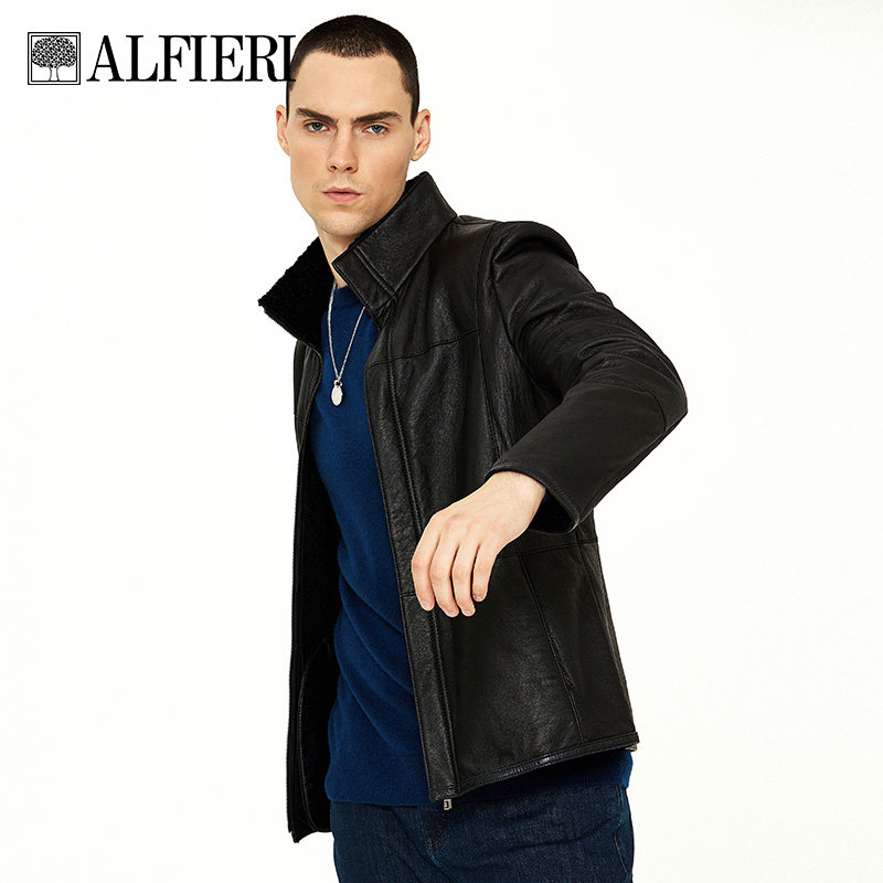 ALFIERI皮毛一体男 中年修身翻领羊羔毛皮衣冬季防寒真皮皮衣外套