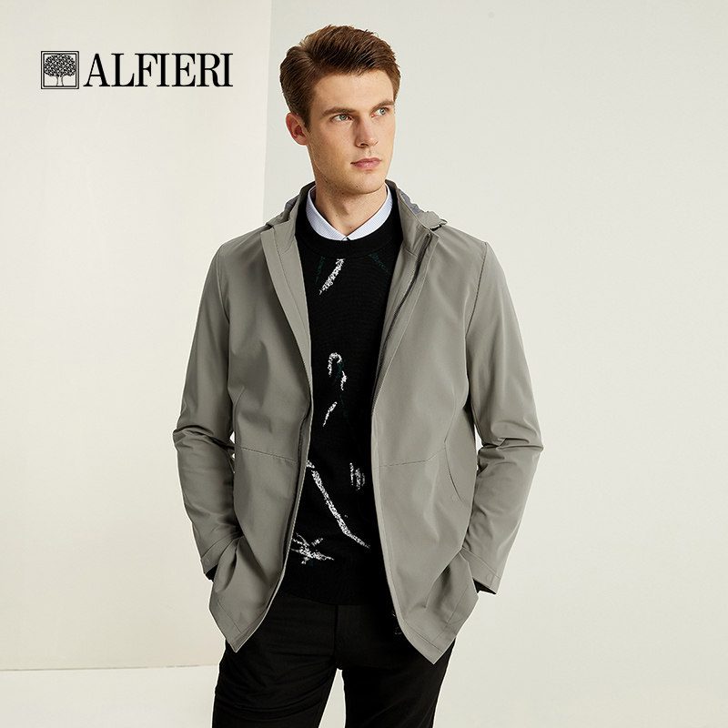 艾法利 男装秋冬款带帽短款风衣休闲通勤商务简约纯色外套