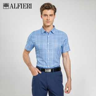 夏季 男士 丝棉混纺麻风格 衬衫 商务 面料格纹短袖 Alfieri艾法利男装