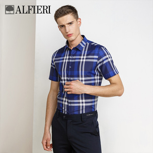 修身 Alfieri艾法利夏季 衬衫 短袖 衬衣 羊毛混纺色织格纹休闲男士