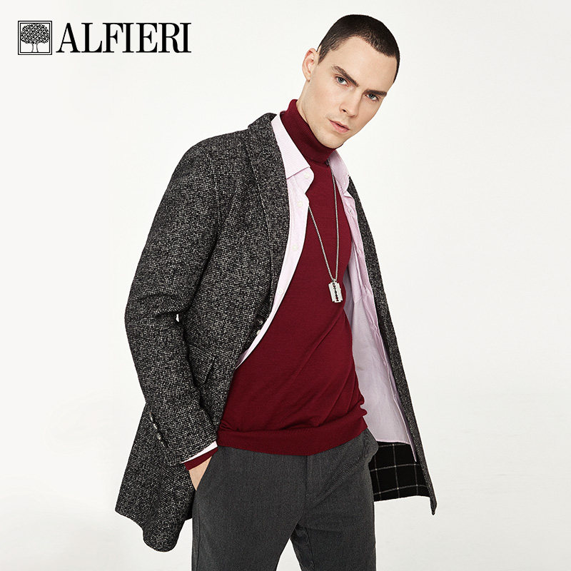 Alfieri艾法利秋冬男士新款羊毛呢中长大衣翻领修身外套风衣