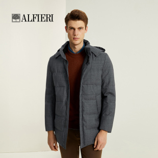 Alfieri艾法利男装秋冬新品白鹅绒休闲保暖可拆帽中长款羽绒服
