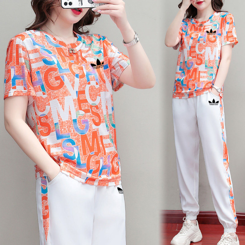 运动三叶草网眼速干衣运动服套装女夏新款宽松户外冰丝休闲两件套