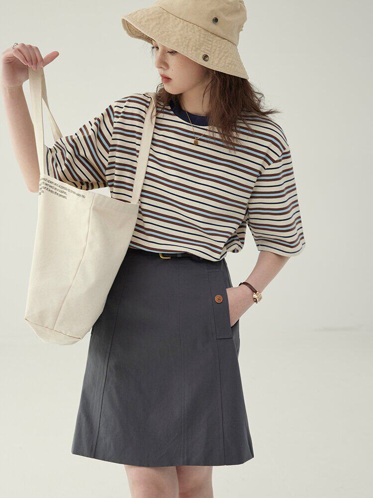 「Kitajima AMUU」和柄コントラストカラー半袖ショルダーTシャツ女性用スリムラウンドネックルーズレトロトップス女性用