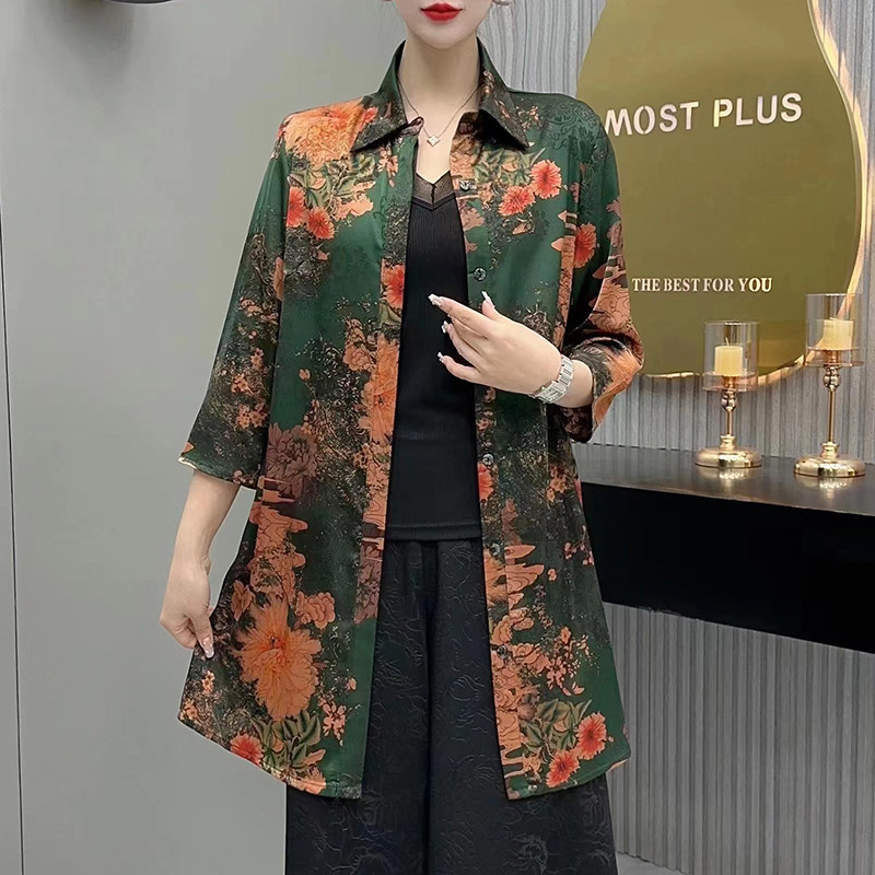 中老年中长款真丝衬衣女春夏宽松中老年女装