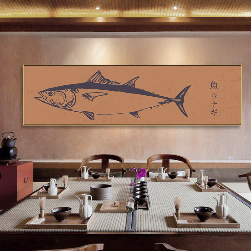 料理店装饰画寿司店三文鱼原木风鱼拓挂画烧鸟店居酒屋背景墙壁画