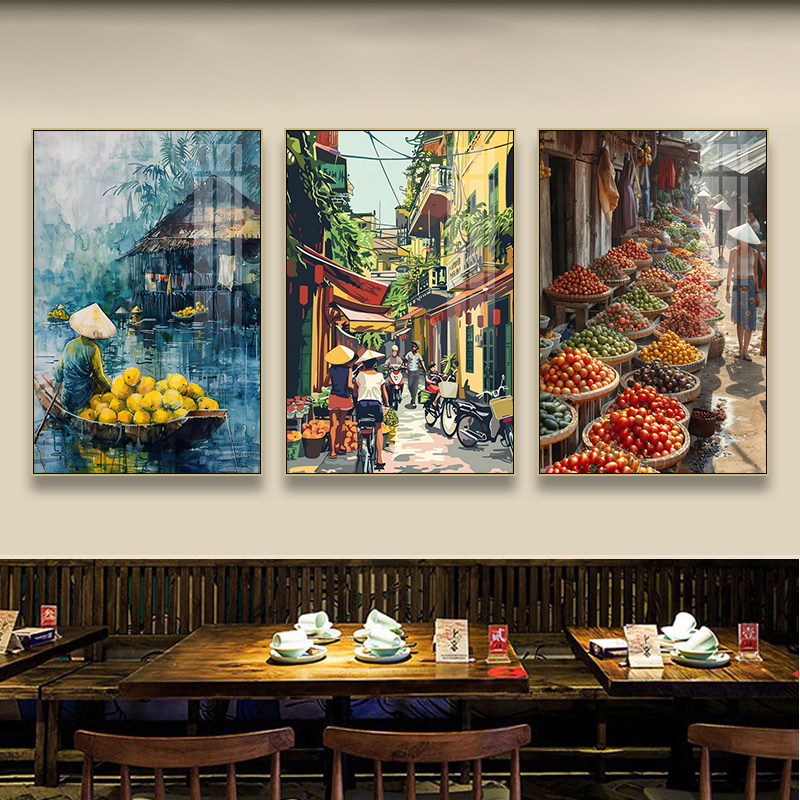 东南亚风格装饰画泰式餐厅料理店挂画越南美食风情油画酒店壁画