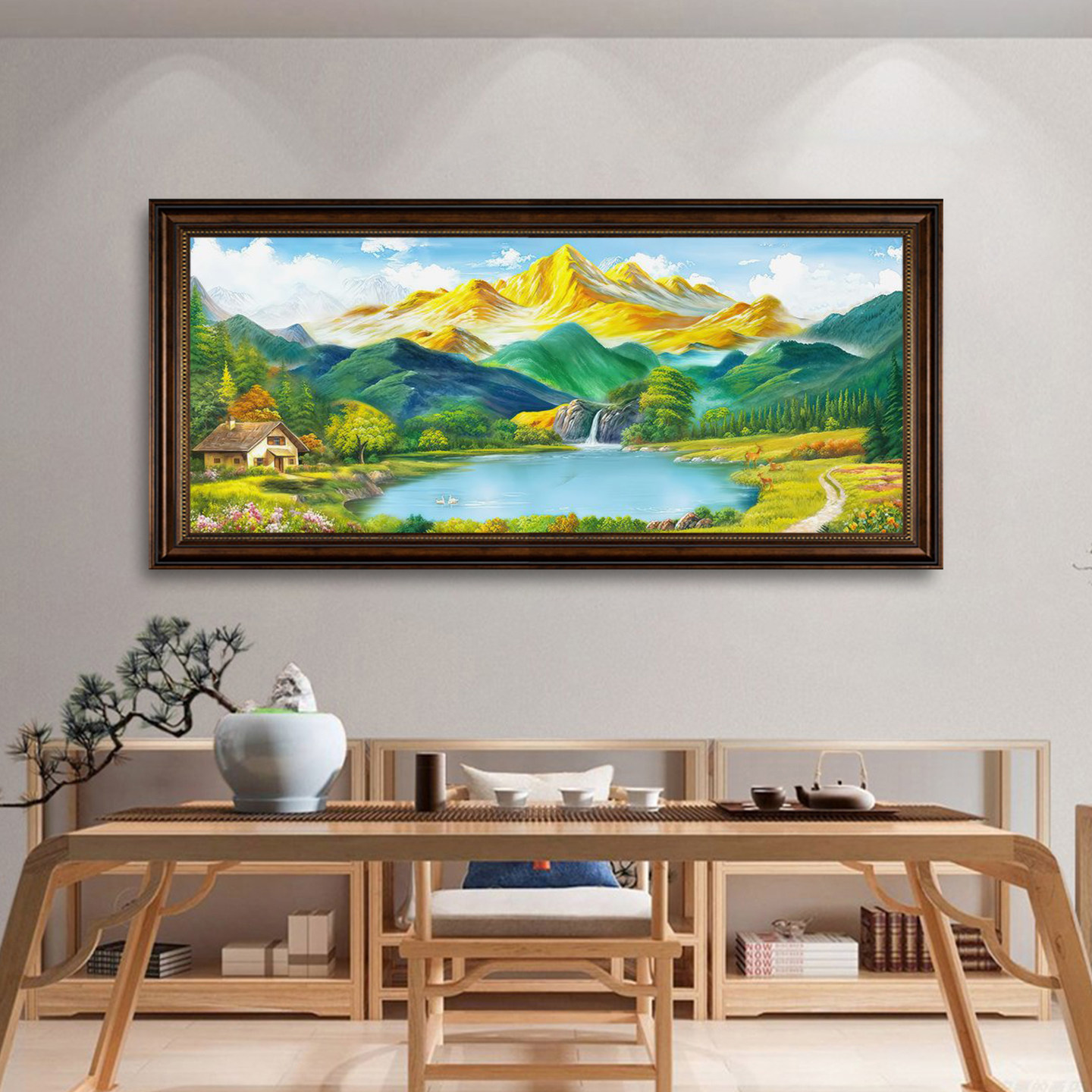 横版复古欧式油画流水生财山水风景挂画客厅茶室酒店横版招财壁画