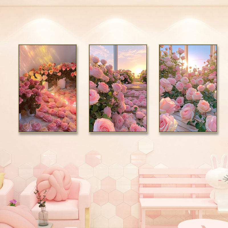 治愈系玫瑰花装饰画情侣餐厅浪漫花卉氛围感挂画卧室粉色花海壁画