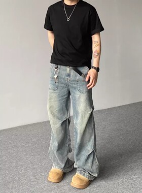 美式复古vibe褶皱工装牛仔裤男女秋季潮牌宽松设计感阔腿休闲长裤