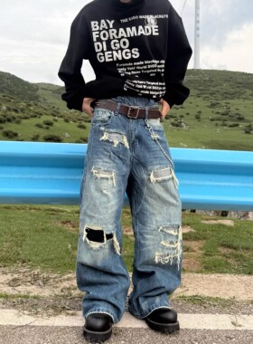 美式复古水洗破洞补丁牛仔裤男女街头vibe宽松直筒廓形阔腿长裤潮