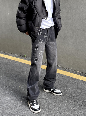 美式复古做旧星星刺绣牛仔裤男女高街vibe痞帅水洗烟灰色直筒长裤
