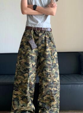 美式复古重磅迷彩大口袋工装裤男高街dirtyfit宽松直筒阔腿休闲裤
