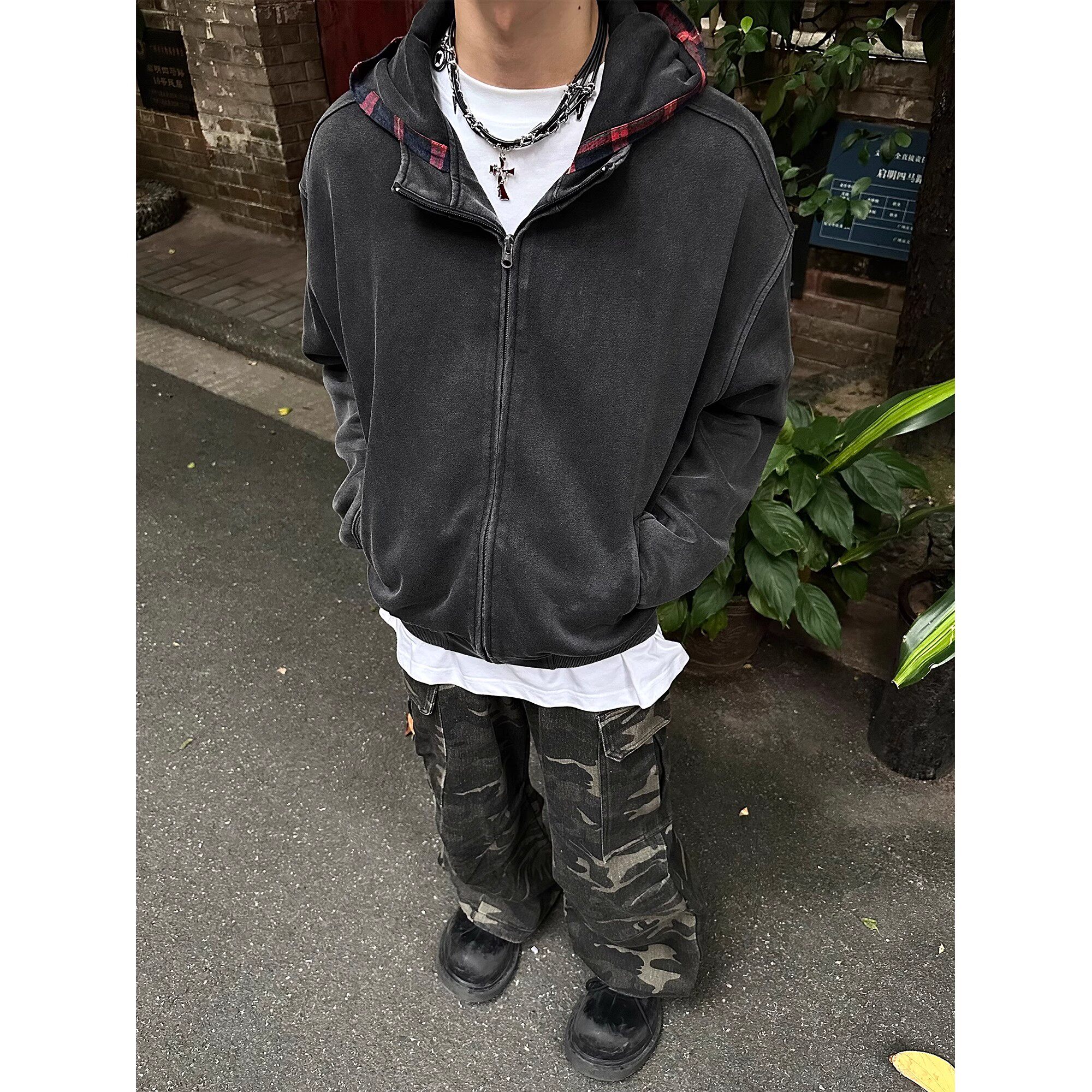 美式复古格子连帽拼接开衫卫衣男秋季潮牌短款假两件休闲宽松外套