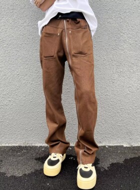 美式复古vibe拉链设计牛仔裤男高街cleanfit多口袋直筒休闲长裤子