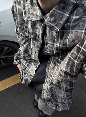 美式复古扎染格纹破坏毛边衬衫男女春秋高街嘻哈潮牌宽松休闲衬衣