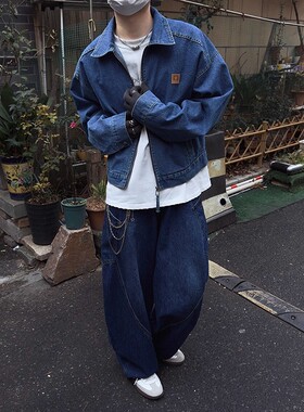 秋季新款复古牛cleanfit蓝色牛仔外套男美式潮牌宽松休闲翻领夹克