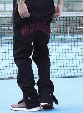 欧美高街粉丝字母刺绣黑色牛仔裤男街头裤脚小众设计宽松直筒长裤