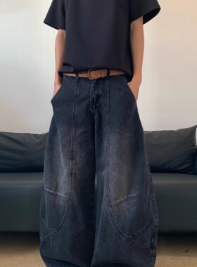 美式复古做旧水洗渐变弯刀牛仔裤男女高街cleanfit宽松休闲阔腿裤
