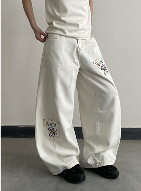 美式街头小菊花刺绣白色牛仔裤男女cleanfit宽松显瘦情侣休闲裤子