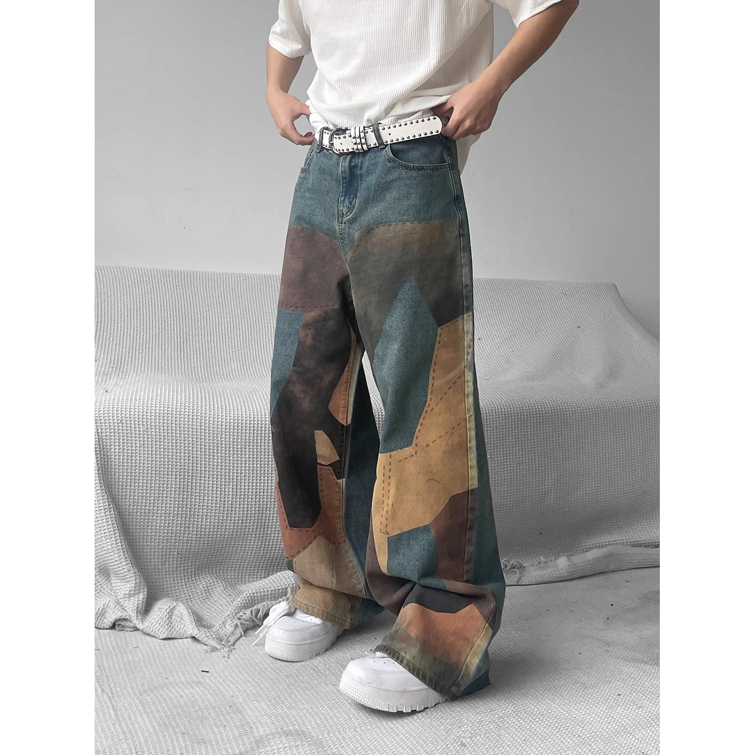 美式复古做旧撞色废土风牛仔裤男