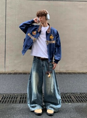 美式复古街头潮牌高级感哈灵顿夹克秋季刺绣宽松外套上衣潮牌男女