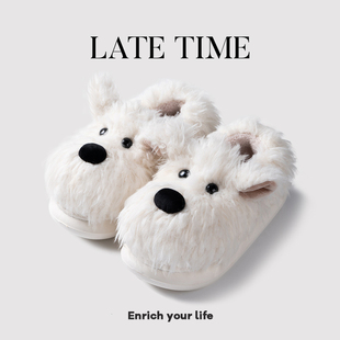 迟到时光可爱西高地潦草小狗棉拖鞋女包跟秋冬季室内保暖毛拖鞋男