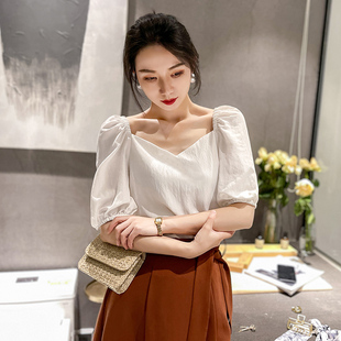 高级感气质上衣 白色法式 方领衬衫 女锁骨职场轻熟风小众泡泡袖 短袖