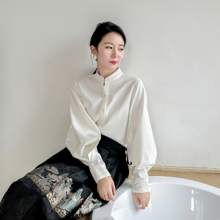 上衣 法式 白色立领磨毛衬衫 女高端秋冬灯芯绒灯笼袖 马面裙搭配