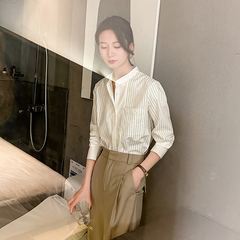 白色立领条纹衬衫女设计感小众长袖高级感职业ol正装抗皱衬衣高端