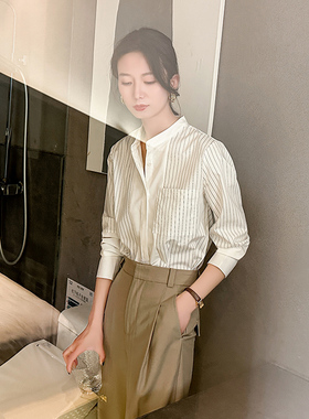 白色立领条纹衬衫女设计感小众长袖高级感职业ol正装抗皱衬衣高端
