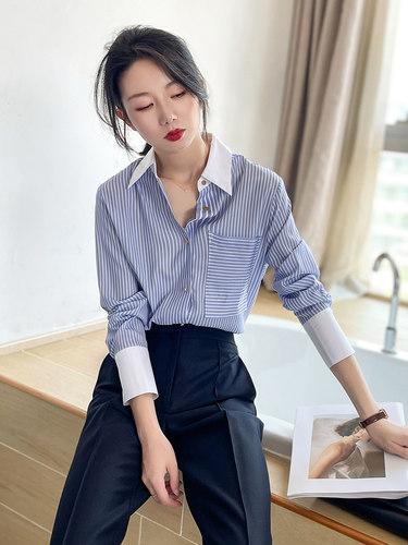 气质通勤长袖条纹衬衫女高级感
