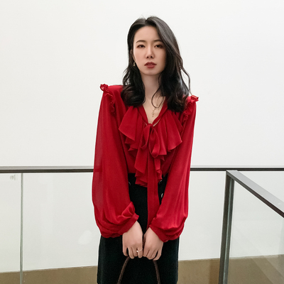 复古灯笼袖宽松雪纺衬衫