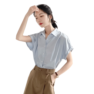 2026夏季蓝色衬衫女短袖宽松休闲职业装气质通勤工装简约纯色上衣