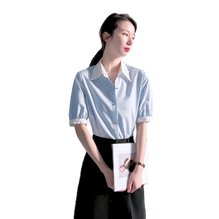 浅蓝色衬衫女高级感夏季短袖拼接设计感职业装不易皱宽松气质上衣