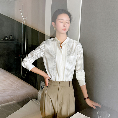 小众不撞款立领细条纹衬衫女高端