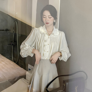 泡泡袖 宫廷风气质长袖 衬衣秋 女设计感小众复古法式 白色娃娃领衬衫