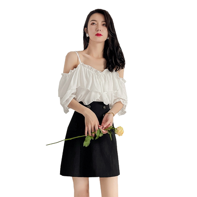 仙气荷叶边锁骨一字肩吊带上衣