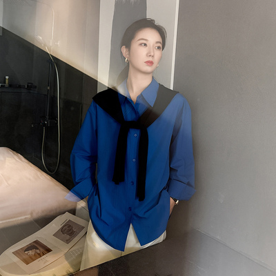 克莱因蓝衬衫女宽松简约休闲叠穿