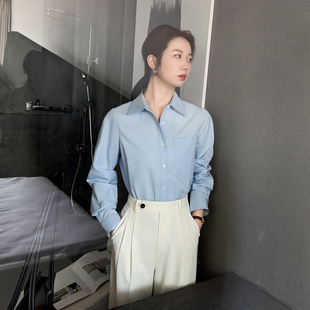 春款浅蓝色衬衫女职业装气质面试翻领正肩抗皱工装高级感长袖衬衣