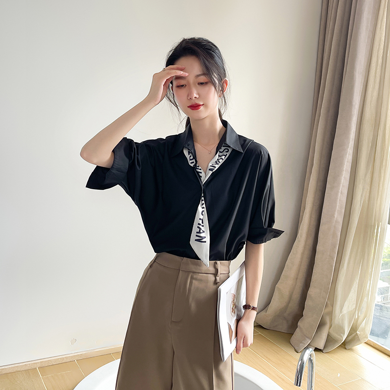黑色衬衫女高级感2025新款夏短袖设计感小众半袖宽松职业气质上衣