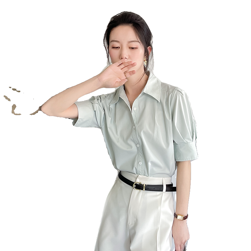 淡绿色衬衫女短袖高级感夏季职业气质法式泡泡袖设计感小众上衣