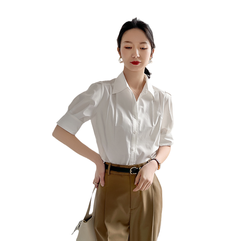 白色衬衫女短袖时尚洋气泡泡袖设计感小众职业正装法式翻领衬衣夏