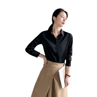 2026春款黑衬衫女高级感正肩职业装轻奢仿真丝缎面垂坠感纯色衬衣