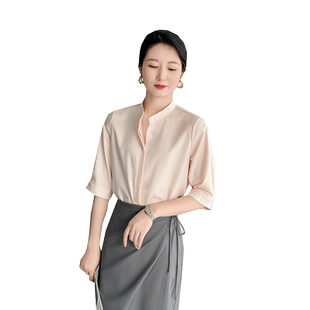 气质粉色半袖衬衫女夏设计感工装职业高级感轻奢抗皱立领短袖衬衣