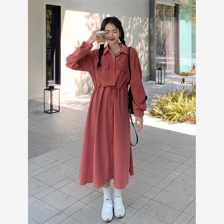 粉色时尚气质收腰显瘦衬衫长裙女2024秋季新款韩版抽绳减龄连衣裙