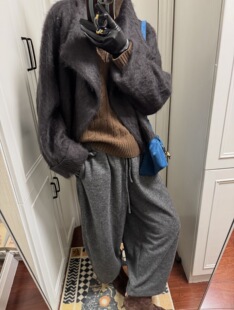 西柚Cu柔雾韩女 老钱风羊毛外套女秋冬雾面感拉毛短款毛呢大衣
