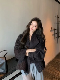 西柚Cu柔雾韩女 老钱风羊毛外套女秋冬雾面感拉毛短款毛呢大衣