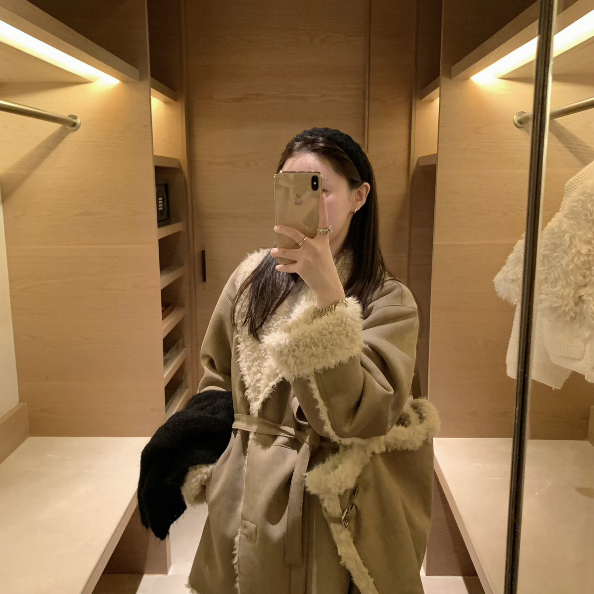 童心气质浴袍款绑带中长款皮毛一体短外套(配托特包)PSO7114